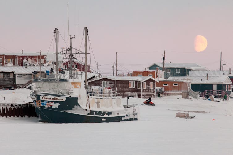 Sea ice, ship and small town