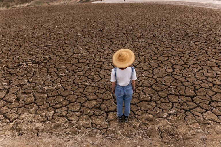 back of person standing on dry soil in drought