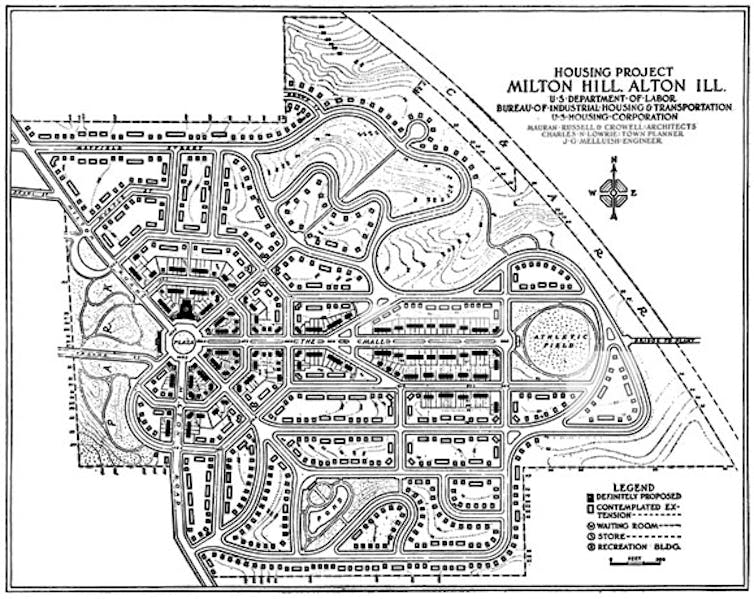 Black and white map featuring winding streets and little black squares representing homes.