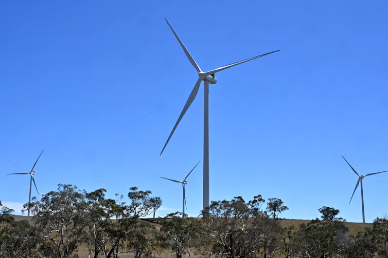 Power-generating wind turbines rise above a rural landscape at Collector Wind Farm, 50km south of Goulburn, Monday, February 17, 2025.