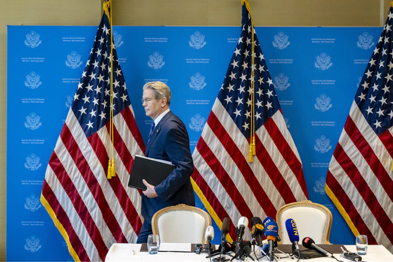 US Secretary of the Treasury Scott Bessent attends a press conference after two days of closed-door discussions on trade between the United States and China, in Geneva, Switzerland,