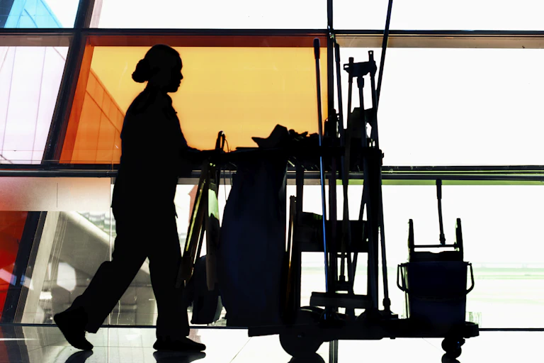 Sihouette of female cleaner pushing trolley