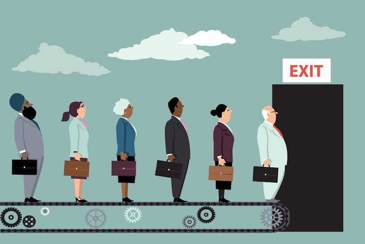 Illustration of workers on a conveyor belt heading for the exit.