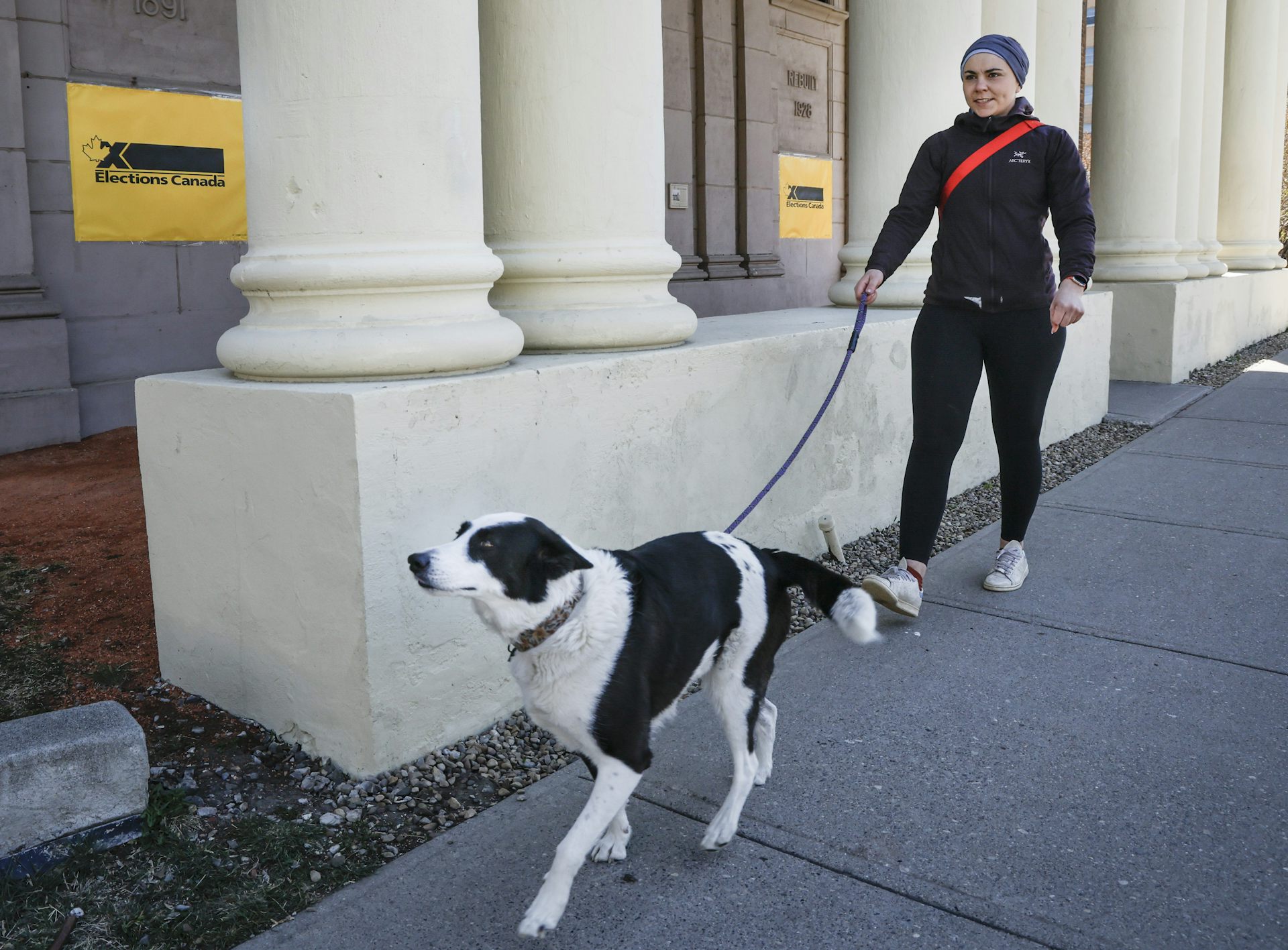 La mujer sonriente y el perro blanco y negro salen de la estación de votación.