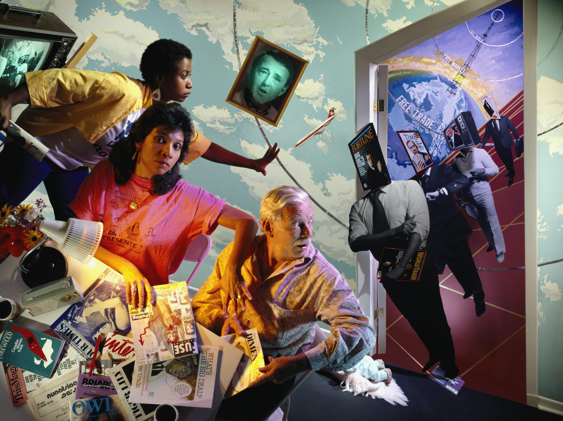 A group of people look in different directions, in the background people march, their heads replaced by magazine covers. An image of former Canadian PM Brian Mulroney is centre. 