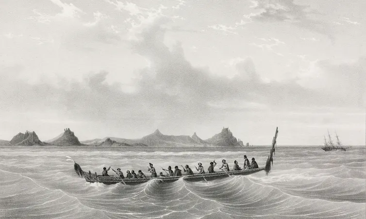 Early 1800s lithograph of long canoe with about a dozen people on the ocean with island in background, along with a sailing ship in distance