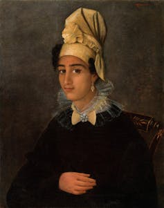 Painting of young woman wearing a tall hat.