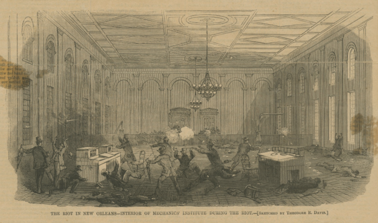 Drawing of people firing guns, with dead bodies scattered across the floor.