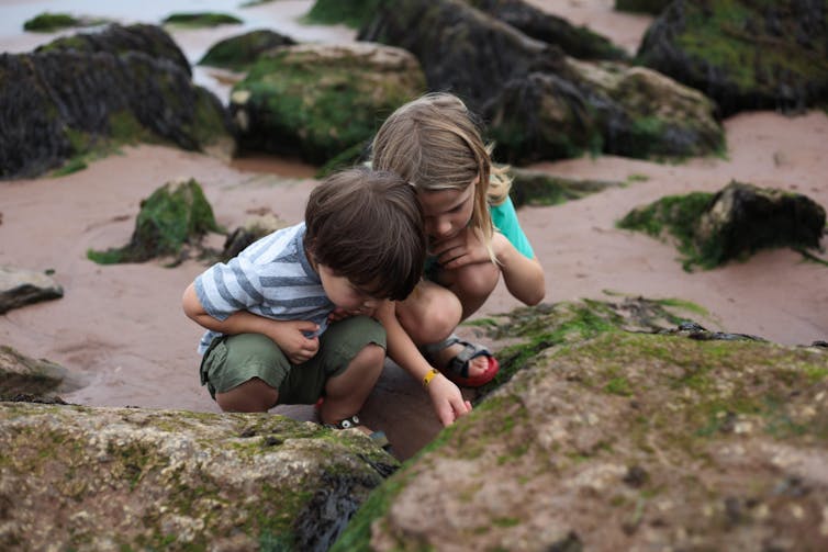 two children rockpooling on rocky beach