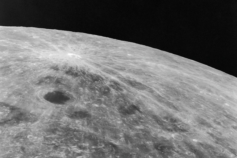 A photo of the Moon taken from above its surface.