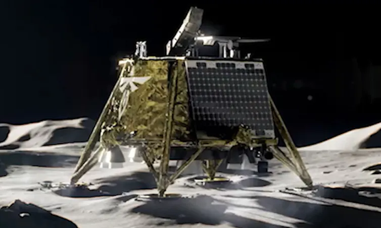 An illustration of a lander, which looks like a mechanical box with small suport legs, on the lunar surface.