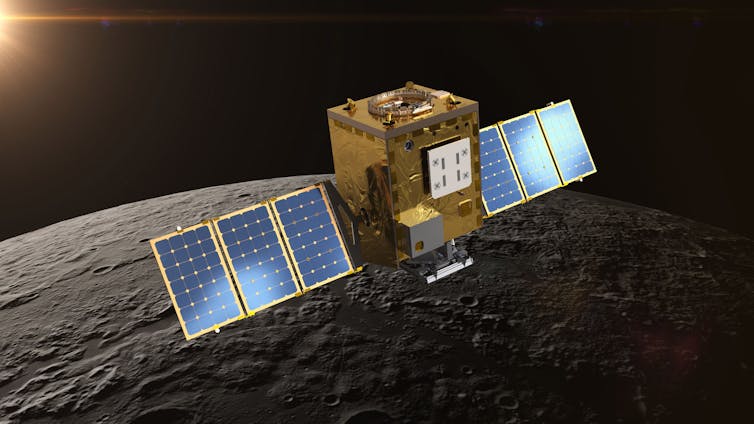 An illustration of Lunar Trailblazer, which looks like a mechanical box with two solar panel wings.
