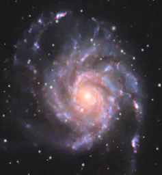 A photo of outer space that shows a galaxy shaped like a pinwheel.