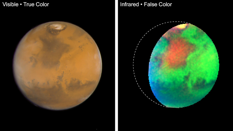 Two photos of Mars from space -- one labeled 'visible true color' that looks reddish brown and one labeled 'infrared false color' that looks green and red.