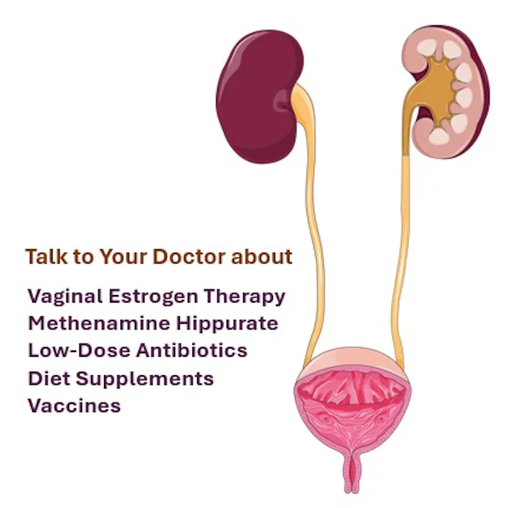 Diagram of kidneys and bladder with list of strategies to manage UTIs