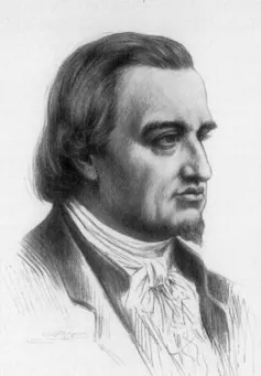 Black and white drawing of a white man in a suit
