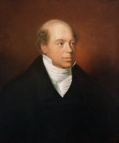 An oil painting of a balding white man in a black coat