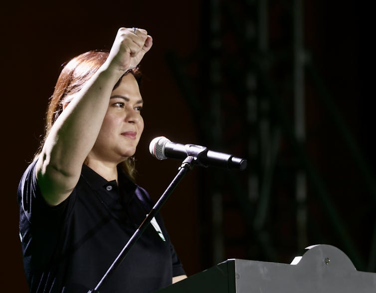 Sara Duterte speaks during a campaign rally.