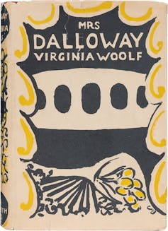 Book jacket of Mrs Dalloway showing flowers and a bridge