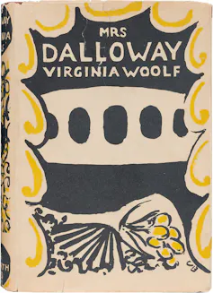 Book jacket of Mrs Dalloway showing flowers and a bridge