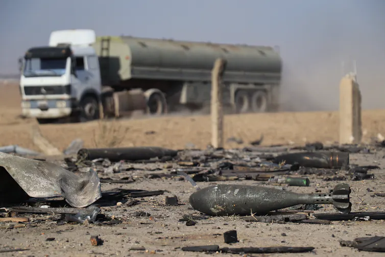 Mortar shells lying on the ground after a Turkish airstrike in Syria.