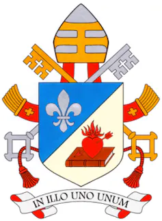 Un blason dont la partie supérieure montre un lys blanc sur fond bleu et la partie inférieure un cœur transpercé d’une flèche, posé sur un livre rouge