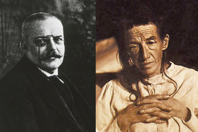 Two black and white photos, one of a man with a mustache and one of a woman with her hands folded and her gaze averted.