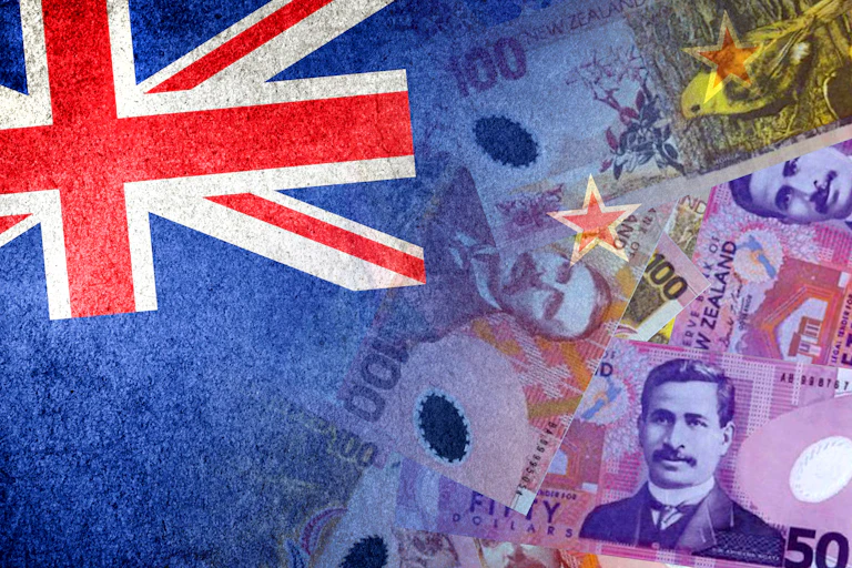 New Zealand flag and New Zealand dollar cash bills