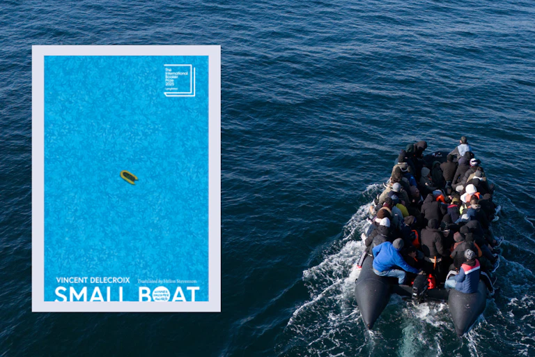 Front cover of Small Boat, a light blue with a small, empty dinghy floating in the centre, over a photo of a full dinghy of people crossing the Channel