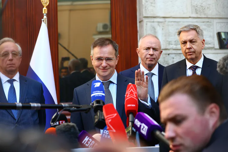 Vladimir Medinsky speaks to the media.