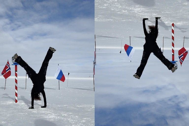 Two images, one of a person doing a handstand, and the other that same image inverted, looking like the person is holding up the ground.