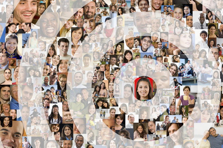 A collage of different people's headshots with a target superimposed on one face.