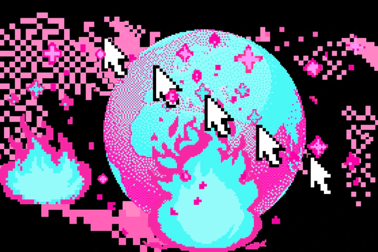 Pixel art of a globe in a fire flame.