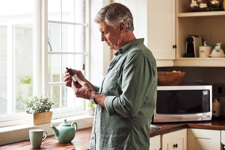 Older man holds medical cannabis vial in kitchen.