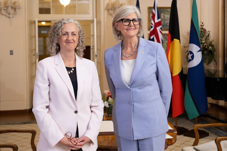 New Early Childhood Minister Jess Walsh stands next to Governor-General Sam Mostyn.