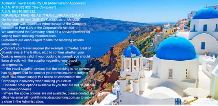 The Traveldream website has been updated with a message from the administrator.