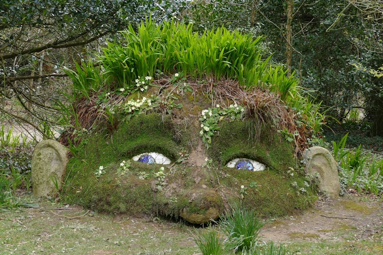 a giant head with grass hair rising out the ground