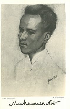 A black and sepia painting of a young man in a plain shirt, hair receding from his forehead.