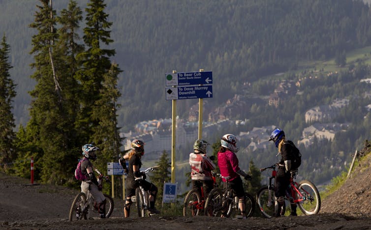 People on mountain bikes overlooking a valley.