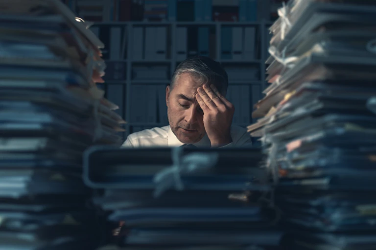 Un homme débordé assis face à son bureau