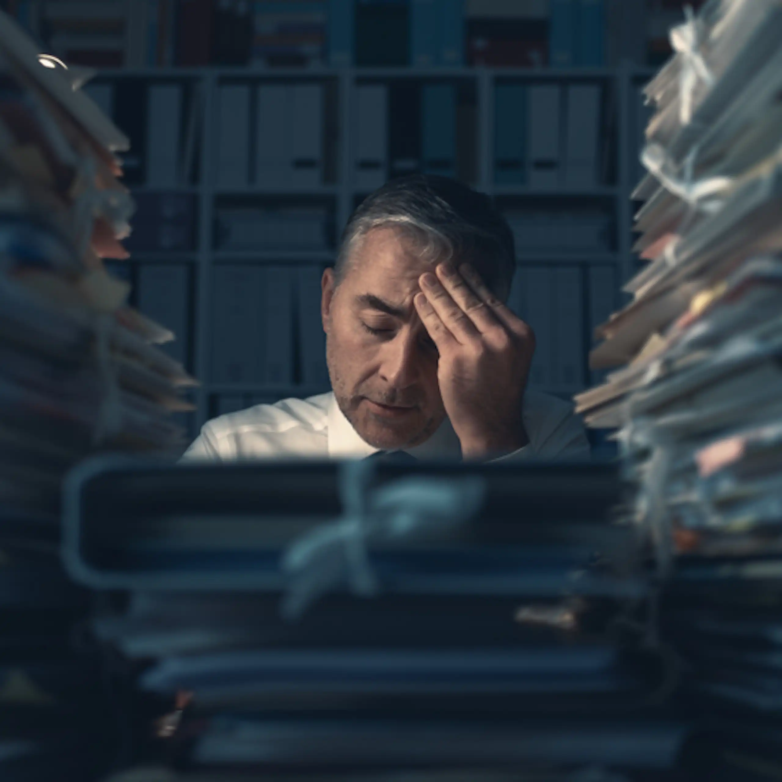 Un homme débordé assis face à son bureau