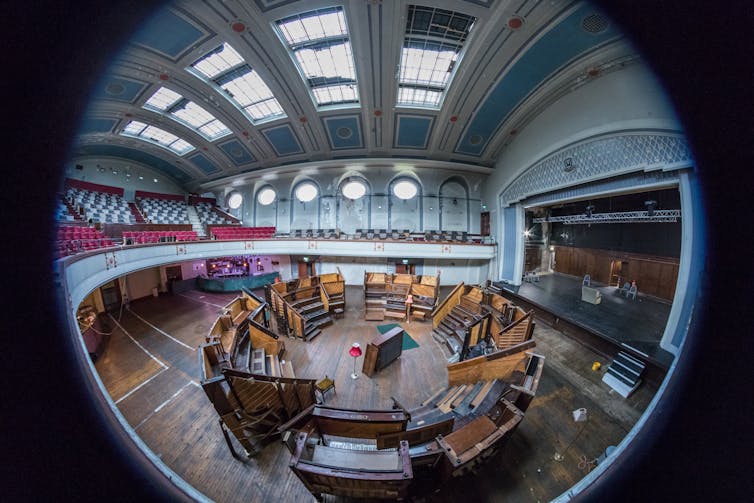 view of performance space Pianodrome made entirely of pianos