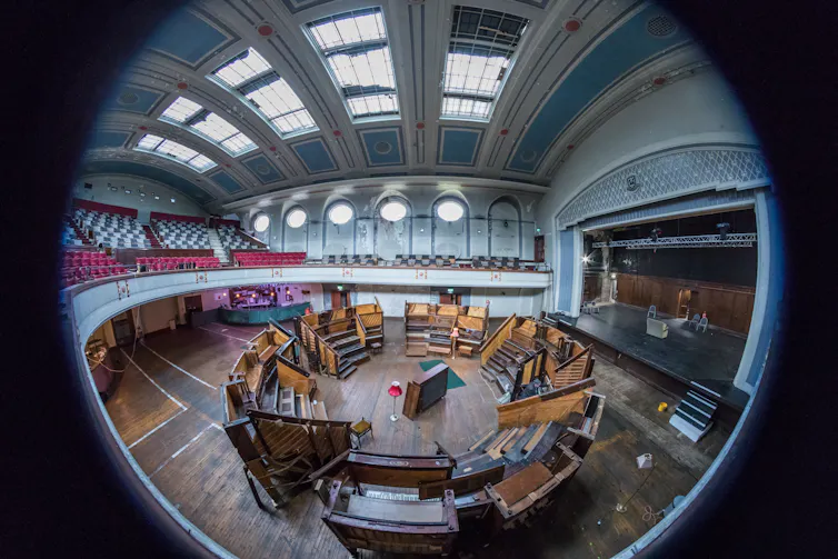 view of performance space Pianodrome made entirely of pianos