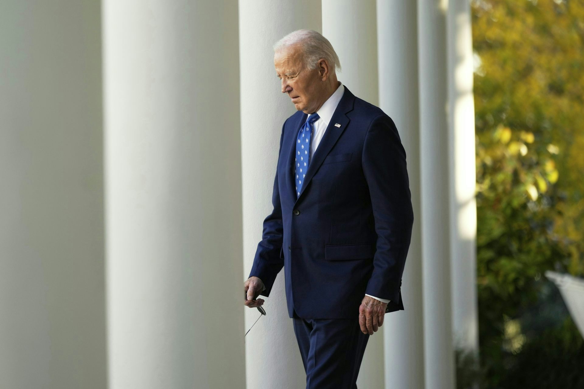 Joe Biden walking past white columns