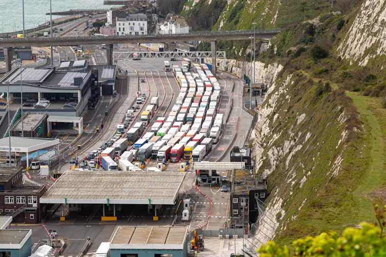 queues of lorries waiting to board ferries at the port of dover