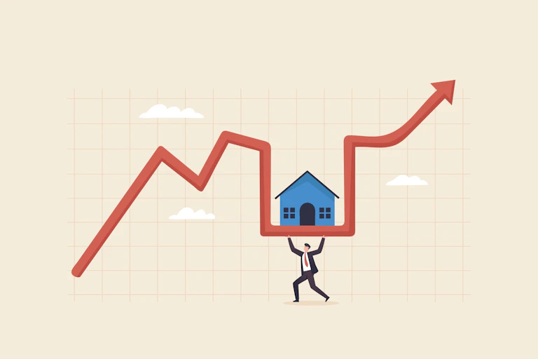 Dibujo con un gráfico que ilustra la subida de precios de la vivienda
