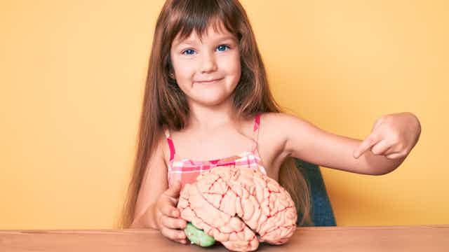 Menina sorridente aponta para um modelo de cérebro