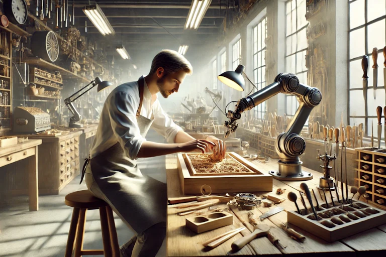un artisan dans son atelier aidé par un robot