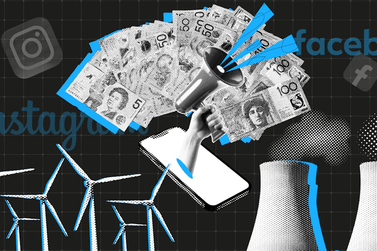 A graphic composite image shows money, a smart phone and a megaphone
