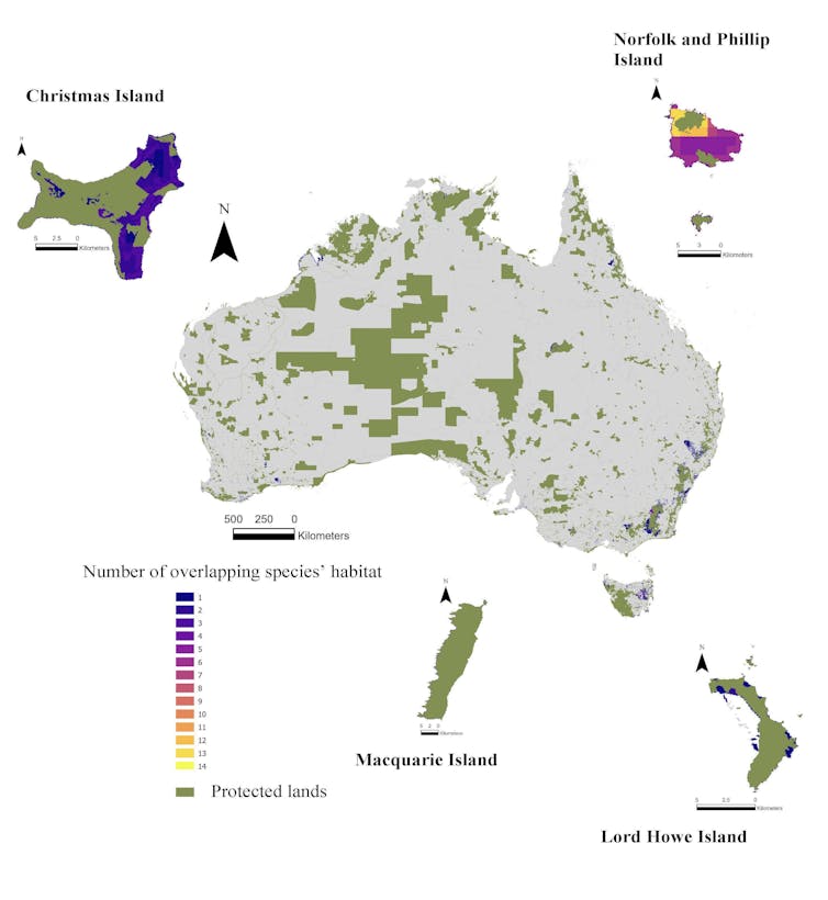 map showing australia's protected areas and areas of good but unprotected habitat.
